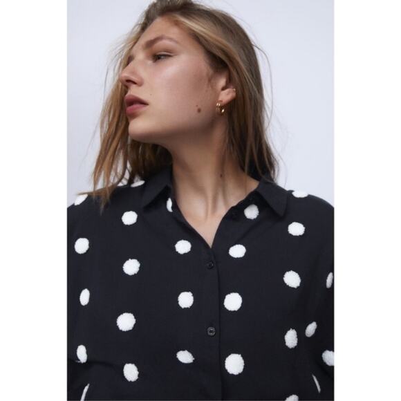Zara Black Button Up Embroidered Pom Pom Polka Dot Collared Dolman Sleeve Top XS - Picture 3 of 14